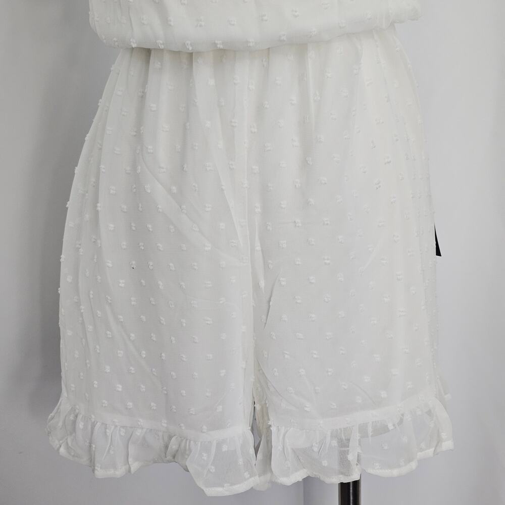 Lulus White Swiss Dot Ruffled Off The Shoulder Romper Women's Size M NWT - Picture 4 of 13